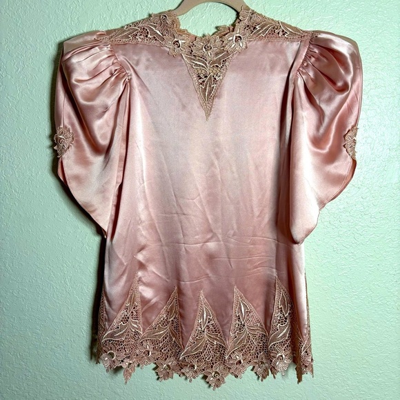 Vintage Capriccio Blush Pink 100% Silk Charmeuse Blouse Sz 10 Embroidered Lace - Picture 1 of 14
